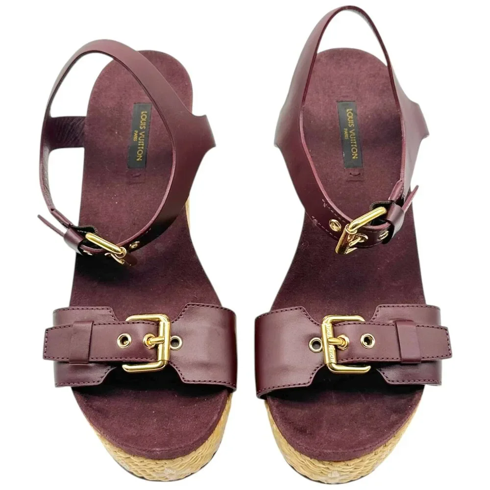 Louis Vuitton Raffia Logo & Burgundy Leather Platform Wedge Sandals - Picture 6 of 10